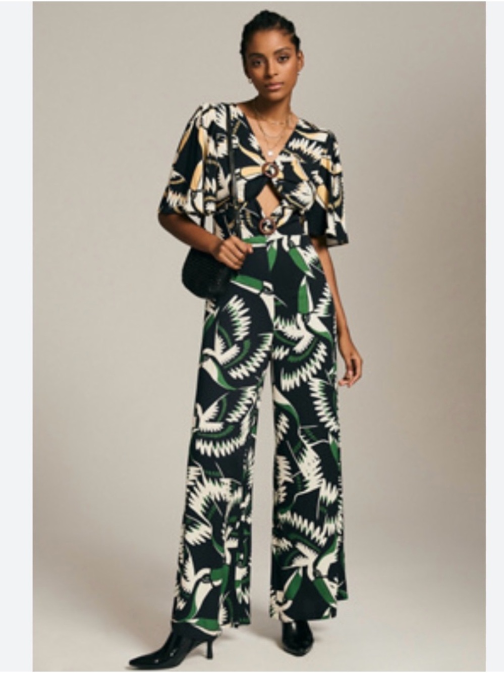 Anthropologie FARM Black Floral Print Top with Multicolor Jumpsuit M